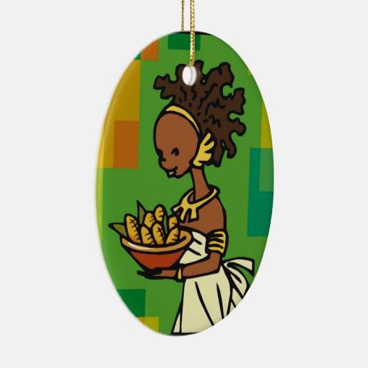 コーンをボウルに入れたアフリカ人女性 セラミックオーナメント (右)