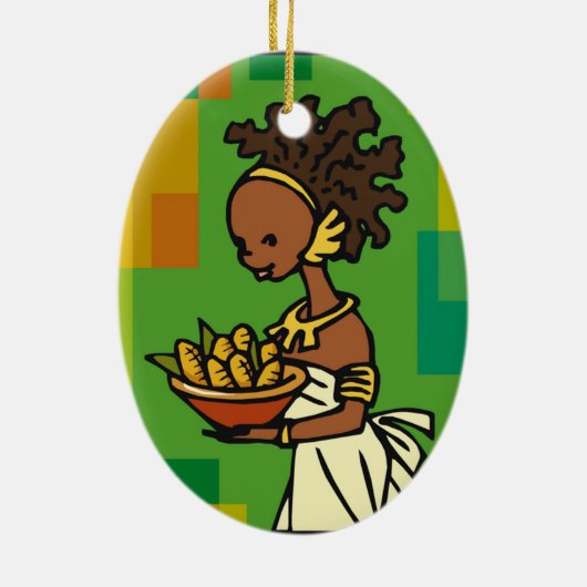 コーンをボウルに入れたアフリカ人女性 セラミックオーナメント (裏面)