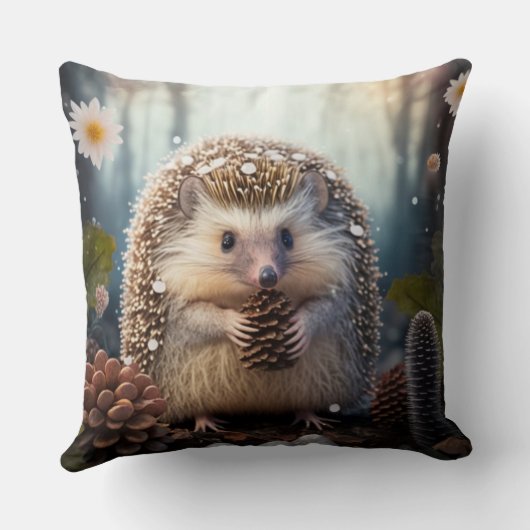 コーンを持つ森の中のキュートな、とげだらけのハリネズミ クッション (裏面)