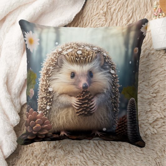コーンを持つ森の中のキュートな、とげだらけのハリネズミ クッション (ブランケット)