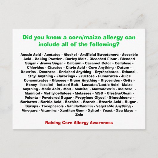コーンアレルギー一覧 – はがき (正面)