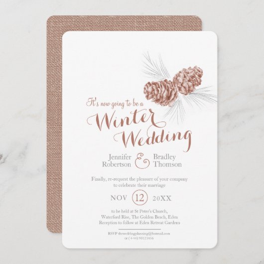 コーンアート茶色の灰色の冬の結婚式の再予定 招待状 (正面/裏面)