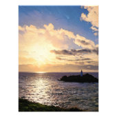 コーンウォールのゴドレヴィ灯台に劇的な夕日 フォトプリント (正面)