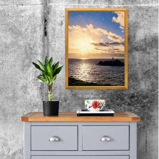 コーンウォールのゴドレヴィ灯台に劇的な夕日 フォトプリント           