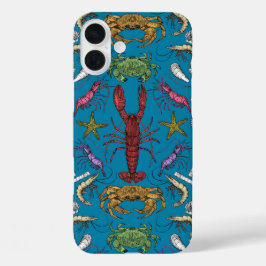 コーンウォール甲殻類ダマスクポップ・アートのブルー iPhone 16 PLUSケース