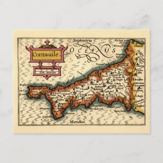 コーンウォール,コーンワイル郡イングランド古物地図 ポストカード (正面)