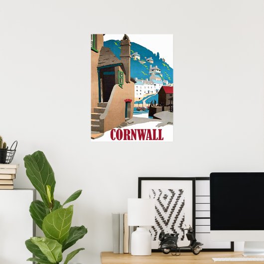 コーンウォール、港、そして丘の上の家、ヴィンテージ ポスター (ホームオフィス)