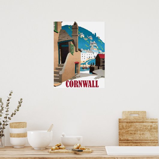 コーンウォール、港、そして丘の上の家、ヴィンテージ ポスター (キッチン)