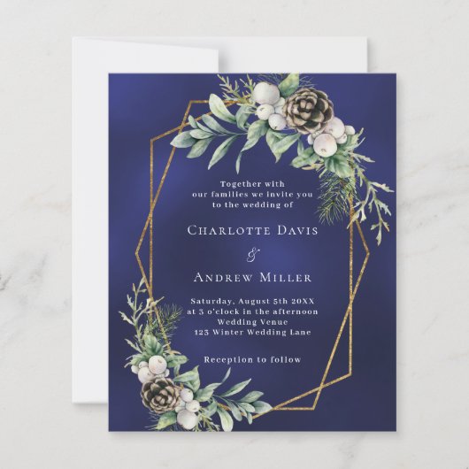 コーンパイン緑金ゴールドブルー結婚式招待状 (正面)