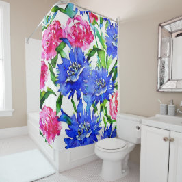 コーンフラワーと牡丹の水彩 シャワーカーテン