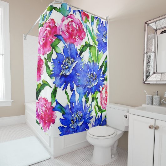 コーンフラワーと牡丹の水彩 シャワーカーテン (インサイチュ)