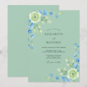 コーンフラワーの青緑の芍薬の結婚式 招待状 (正面/裏面)