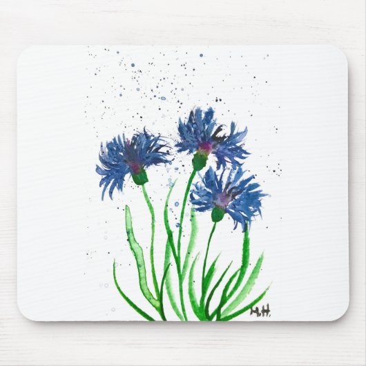 コーンフラワーズブルーの花の絵画水彩 マウスパッド (正面)