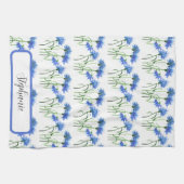 コーンフラワーズブルー花の水彩模様 キッチンタオル (横)