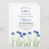 コーンフラワーズ1st最初の誕生日ガールブルーフローラ 招待状 (正面/裏面)