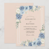 コーンフラワーブルーの優しいピーチの芍薬の結婚式 招待状 (正面/裏面)