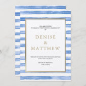 コーンフラワーブルーの水彩ストライプとゴールドのレタリング 招待状 (正面/裏面)