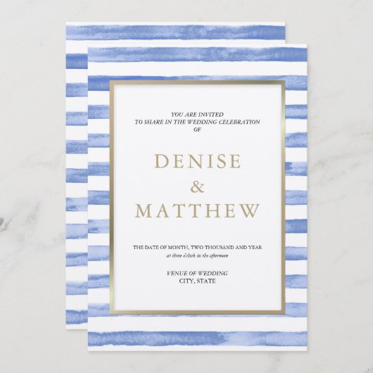 コーンフラワーブルーの水彩ストライプとゴールドのレタリング 招待状 (正面/裏面)
