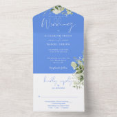 コーンフラワーブルーの花とグリーンの結婚式の招待状 オールインワン招待状 (内側)