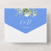 コーンフラワーブルーの花とグリーンの結婚式の招待状 オールインワン招待状 (裏面)