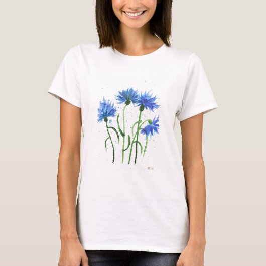 コーンフラワーブルーの花の水色の素朴かわいらしな Tシャツ (正面)