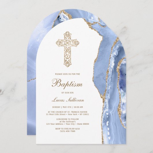 コーンフラワーブルーアゲート洗礼 招待状 (正面/裏面)
