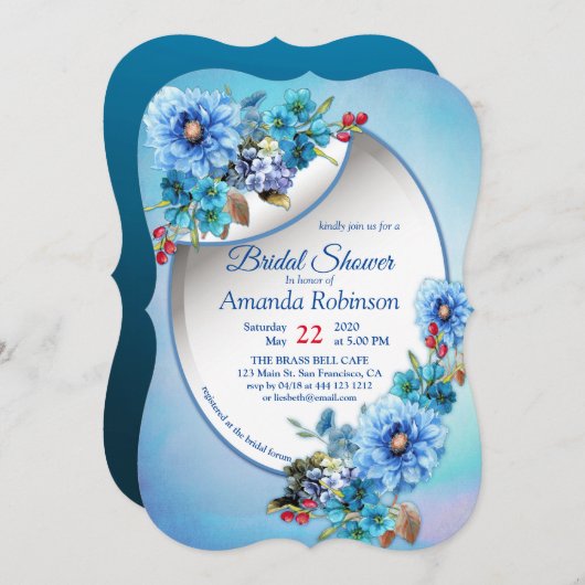 コーンフラワーブルースインウォーターブライダルシャワー 招待状 (正面/裏面)