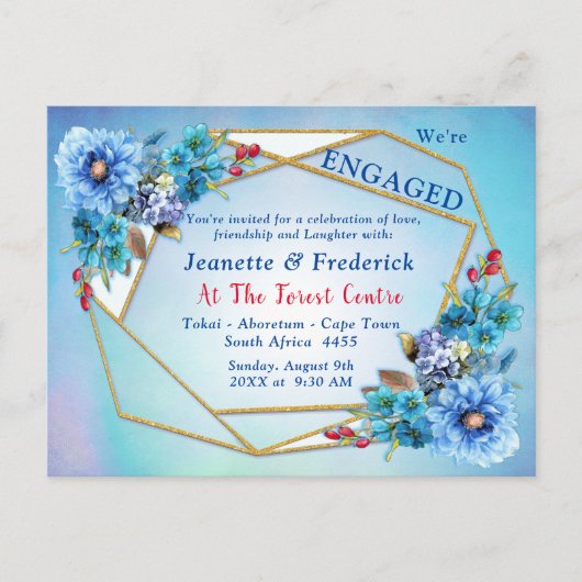 コーンフラワーブルースインウォーター婚約 インビテーションポストカード (正面)