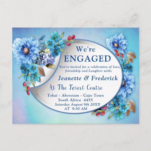 コーンフラワーブルースインウォーター婚約 インビテーションポストカード (正面)