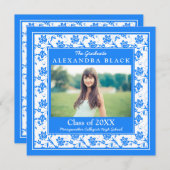コーンフラワーブルーダマスクフローラ写真卒業 招待状 (正面/裏面)