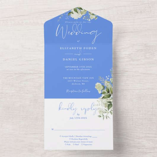 コーンフラワーブルーフローラグリーナリーモノグラム結婚ズ オールインワン招待状 (内側)