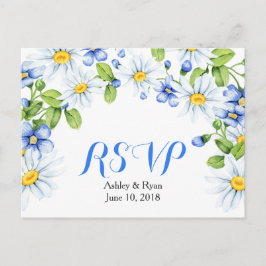 コーンフラワーブルーホワイトデイジーフローラウェディングRSVP インビテーションポストカード