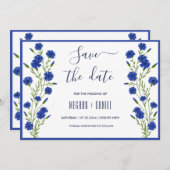 コーンフラワーブルー結婚ボタニッ救クの日付 招待状 (正面/裏面)