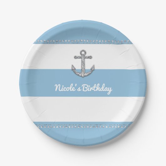 コーンフラワーブルー&ホワイトストライプいかり ペーパープレート (正面)