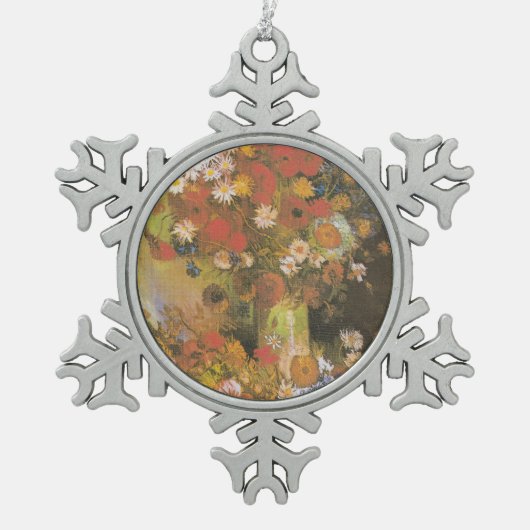 コーンフラワー付き花瓶&ポピー、牡丹&キサンク スノーフレークピューターオーナメント (正面)