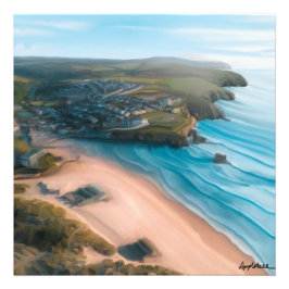 コーンワルのビーチと町の空絵画景 フォトプリント           