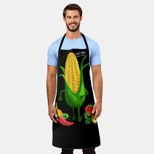 コーン料理キッチンのパーソナライズされたストラッティングイヤー エプロン (着用した状態)