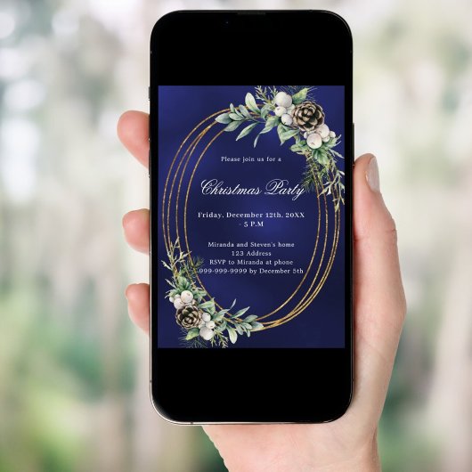 コーン松の緑の金ゴールドフレームブルークリスマスパーティー 招待状