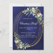 コーン松の緑の金ゴールドフレームブルークリスマスパーティー 招待状 (正面)