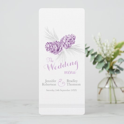 コーン紫色の灰色の冬の結婚式のディナーメニュー メニュー (スタンド正面)