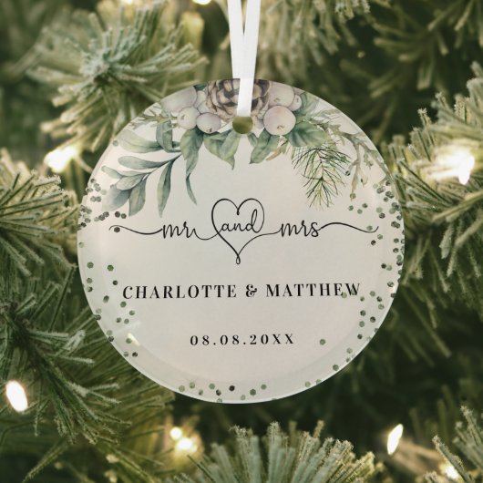 コーン緑の名前mr mrs新しエレガントく結婚さん ガラスオーナメント (インサイチュ)