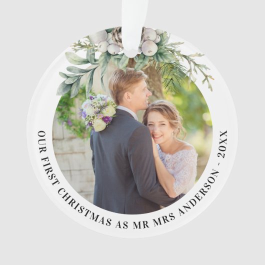 コーン緑の新し結婚い第1クリスマスフォト オーナメント (正面)