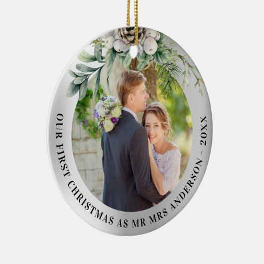 コーン緑の新し結婚い第1クリスマスフォト セラミックオーナメント (右)