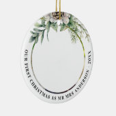 コーン緑の新し結婚い第1クリスマスフォト セラミックオーナメント (右)