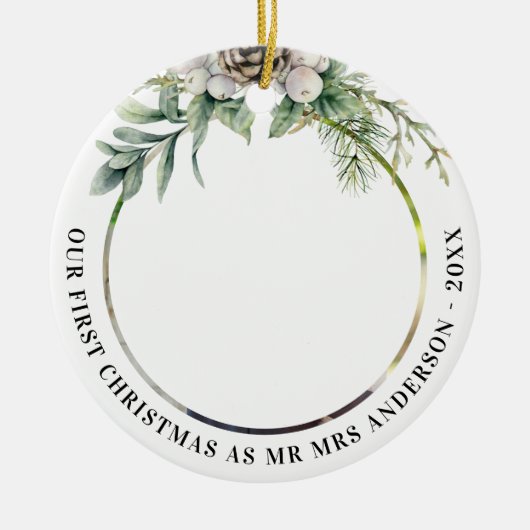 コーン緑の新し結婚い第1クリスマスフォト セラミックオーナメント (正面)