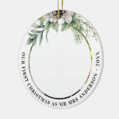 コーン緑の新し結婚い第1クリスマスフォト セラミックオーナメント (左)
