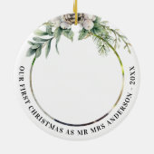 コーン緑の新し結婚い第1クリスマスフォト セラミックオーナメント (裏面)