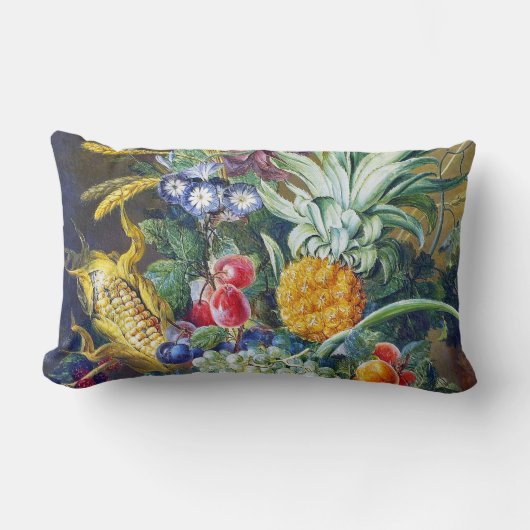 コーン、フルーツ、ブルーの花を使った静物体験 ランバークッション (正面)