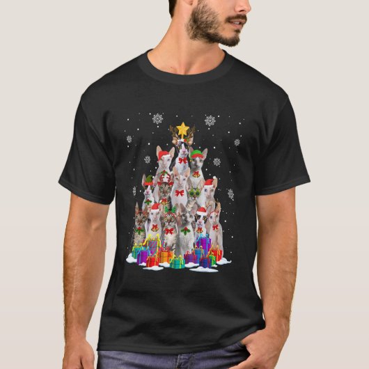 コーン・レックス 猫 クリスマス ツリー 猫好き クリスマス サンタ Tシャツ (正面)