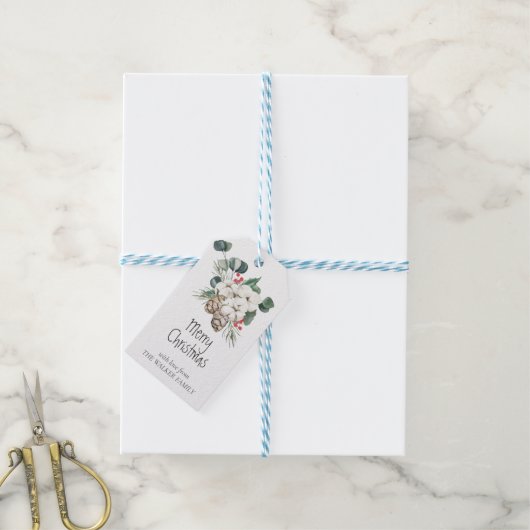 コーン、冬の果実、綿芽を持つ松の木 ギフトタグ (より糸付き)